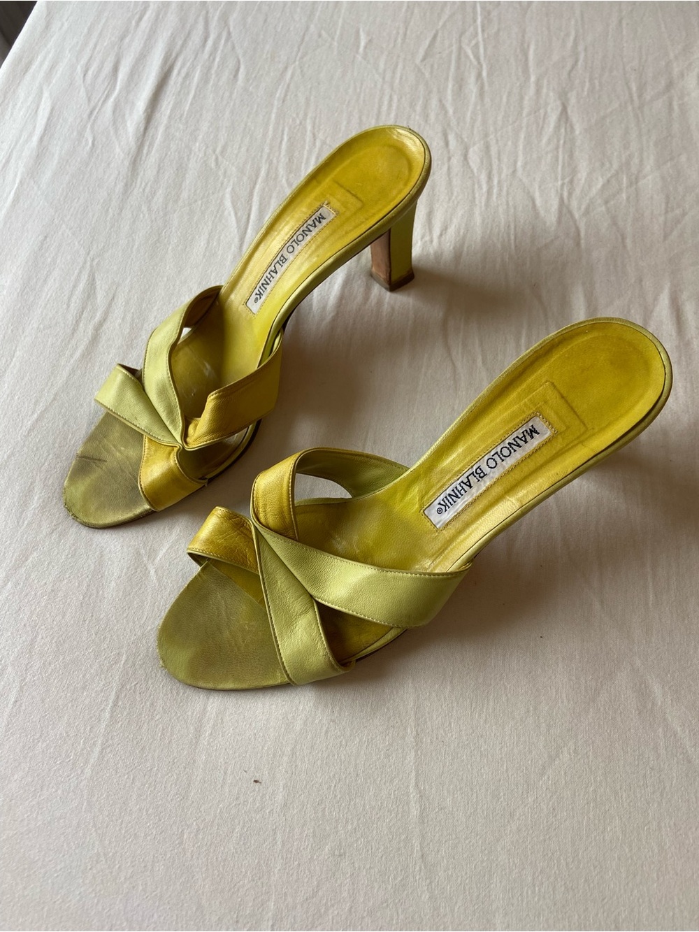 Manolo Blahnik Yellow Leather Heeled Mules